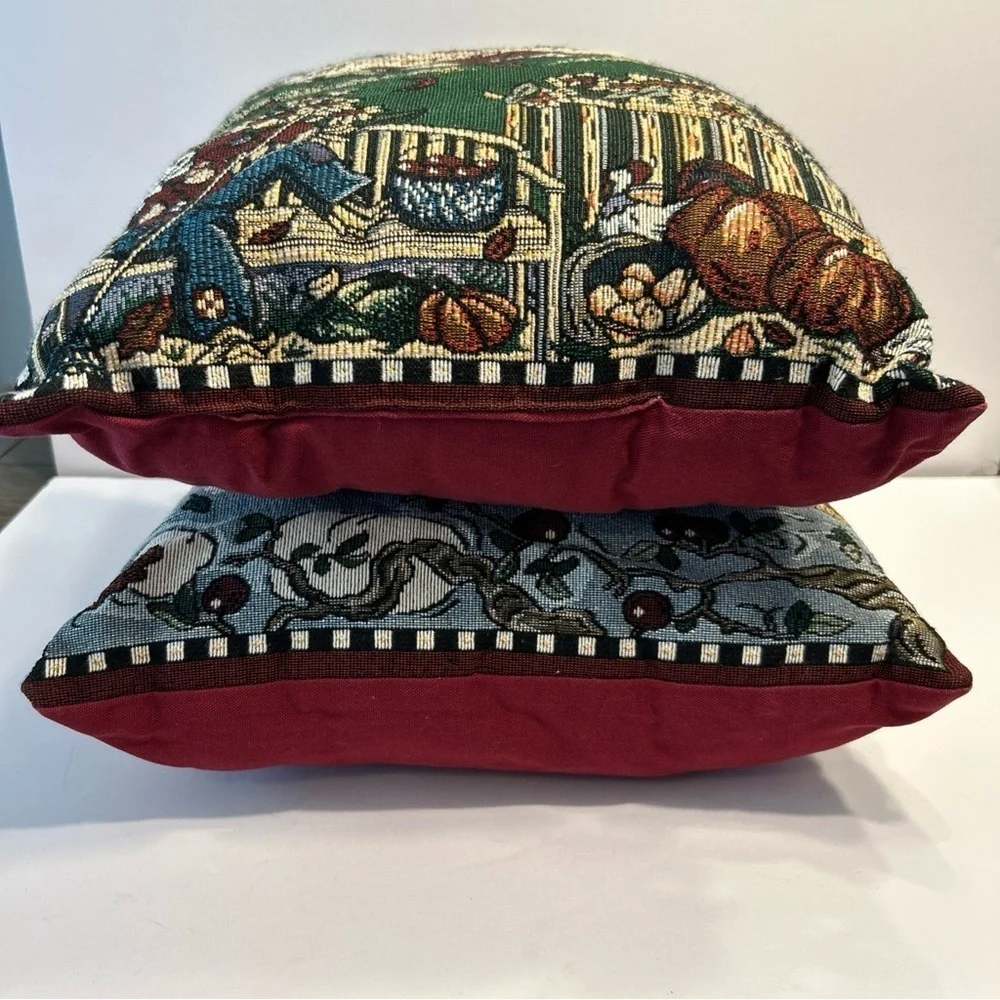 Set Of 2 Fall Autumn Thanksgiving Tapestry Throw Accent Pillows Scarecrow Apple